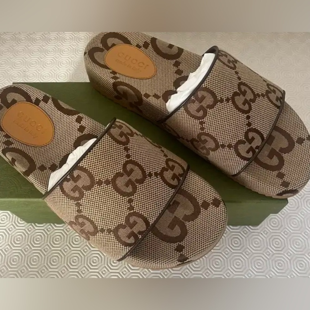 Gucci Beige and Brown Monogram Slides